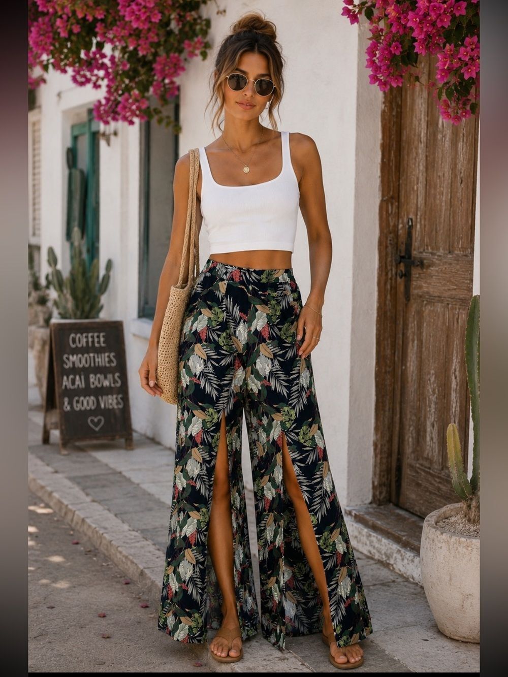 The Sang Tropical Leaf Palm Print Split Wide Leg Pants